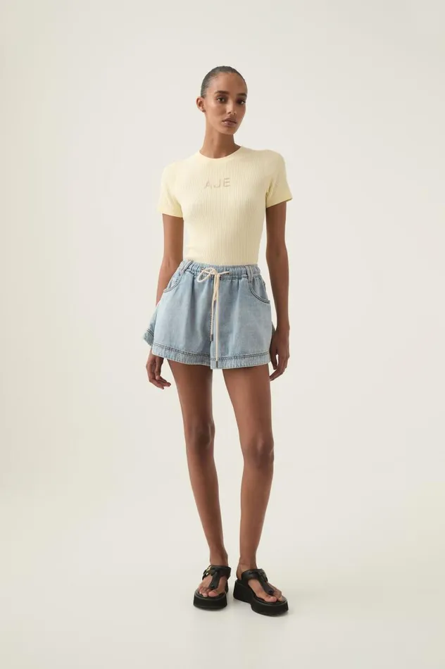 Aje Denim Aura Flared Denim Short Sea Spray Wash 8211 Women