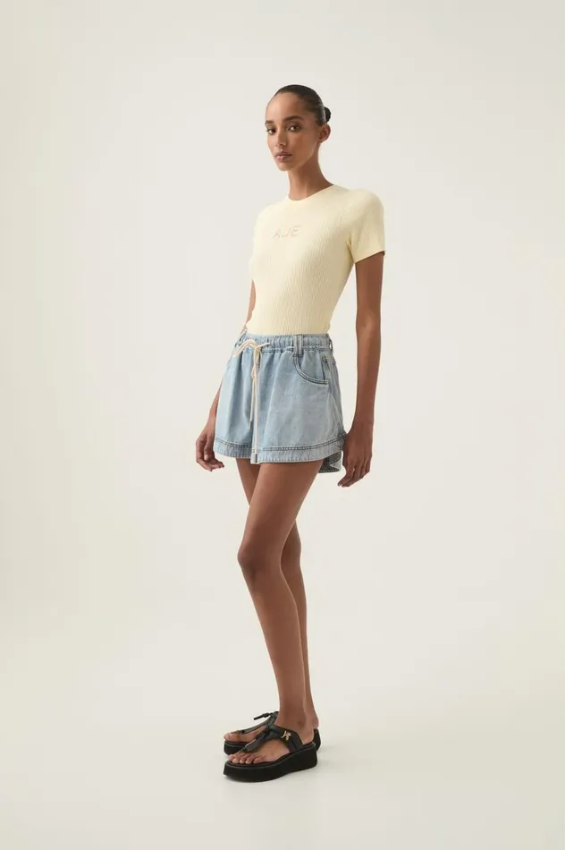 Aje Denim Aura Flared Denim Short Sea Spray Wash 8211 Women Aje Denim Aura Flared Denim Short Sea Spray Wash 8211 Women
