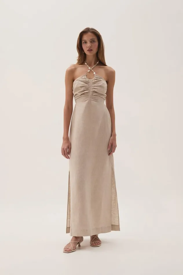 Aje Dresses Akoya Ruched Midi Dress Oatmeal 8211 Women