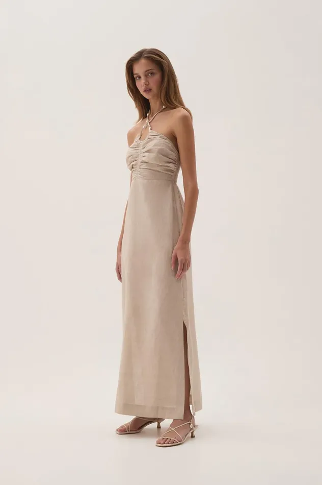 Aje Dresses Akoya Ruched Midi Dress Oatmeal 8211 Women Aje Dresses Akoya Ruched Midi Dress Oatmeal 8211 Women