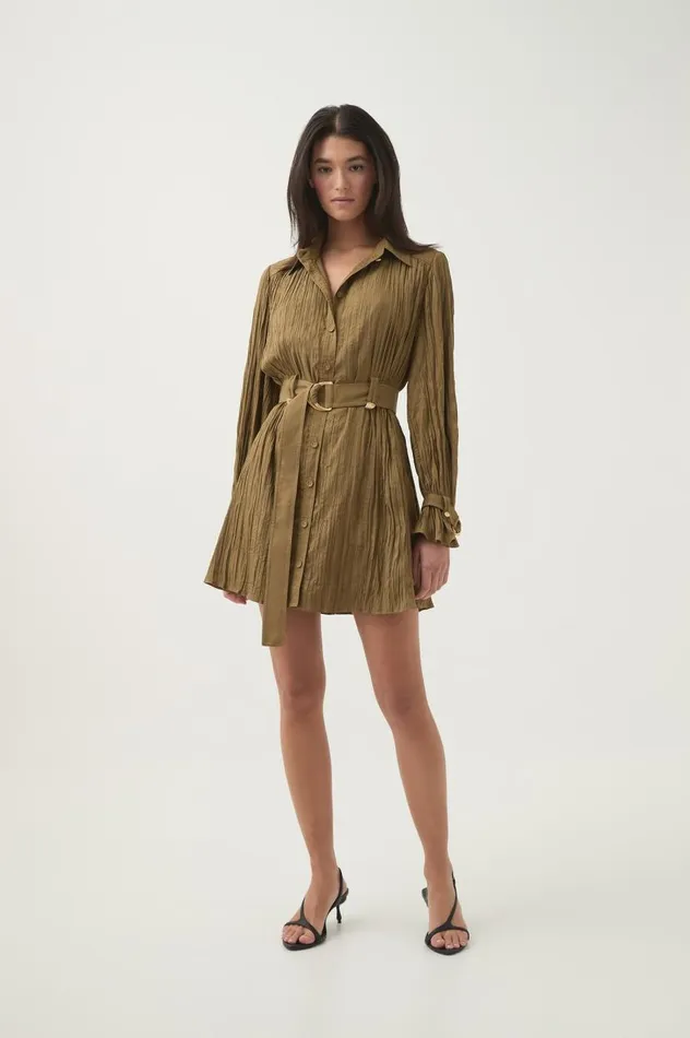 Aje Dresses Bays Crushed Pleat Mini Dress Khaki 8211 Women
