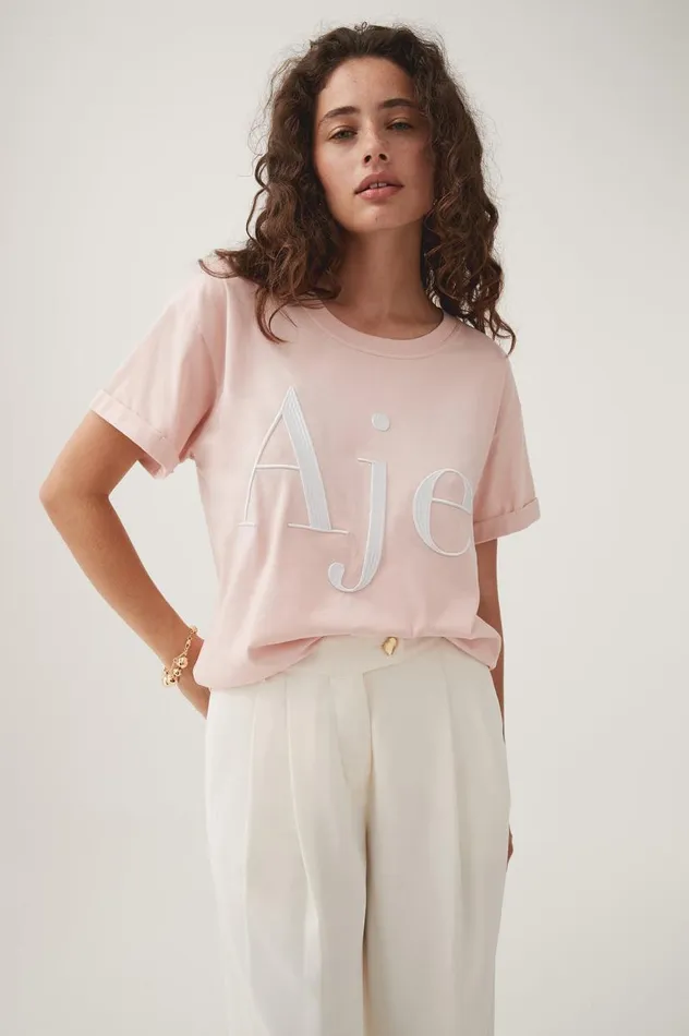 Aje Tees Alice Embroidered Logo Tee Blush Pink White Logo 8211 Women