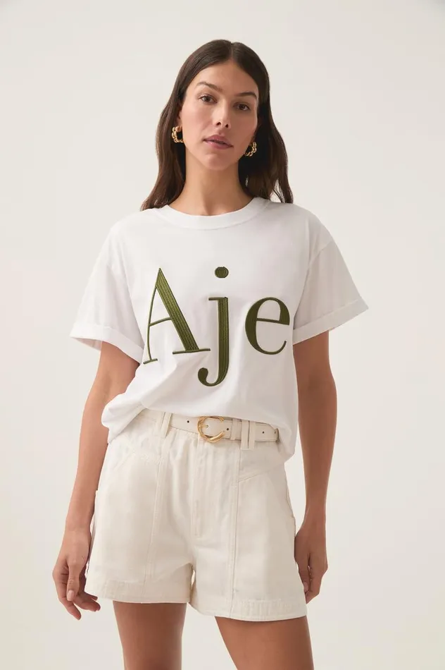 Aje Tees Alice Embroidered Logo Tee Whitekhaki 8211 Women Aje Tees Alice Embroidered Logo Tee Whitekhaki 8211 Women