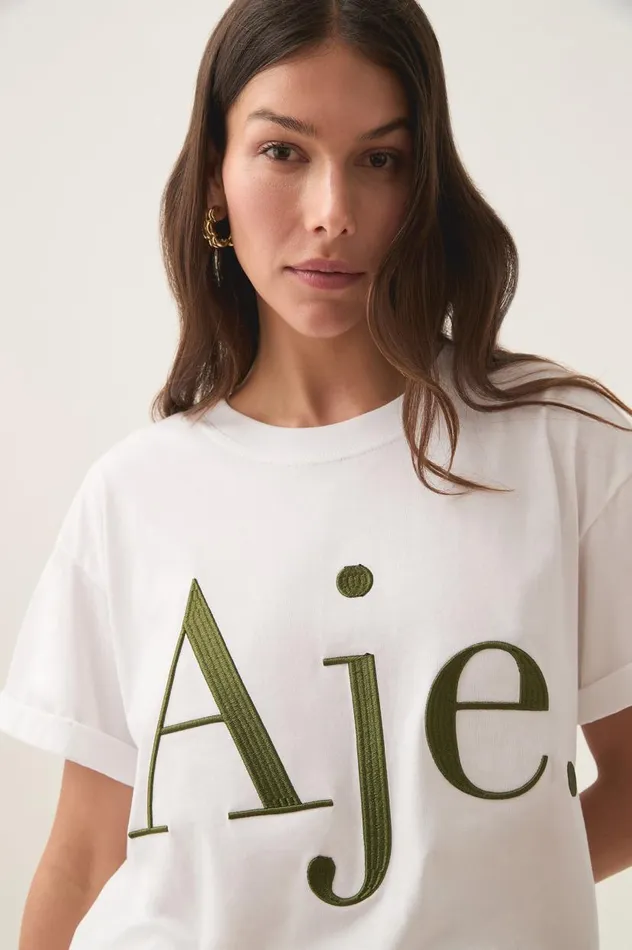 Aje Tees Alice Embroidered Logo Tee Whitekhaki 8211 Women Aje Tees Alice Embroidered Logo Tee Whitekhaki 8211 Women
