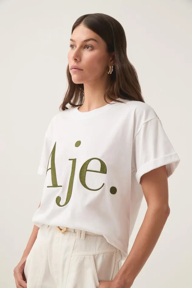 Aje Tees Alice Embroidered Logo Tee Whitekhaki 8211 Women Aje Tees Alice Embroidered Logo Tee Whitekhaki 8211 Women