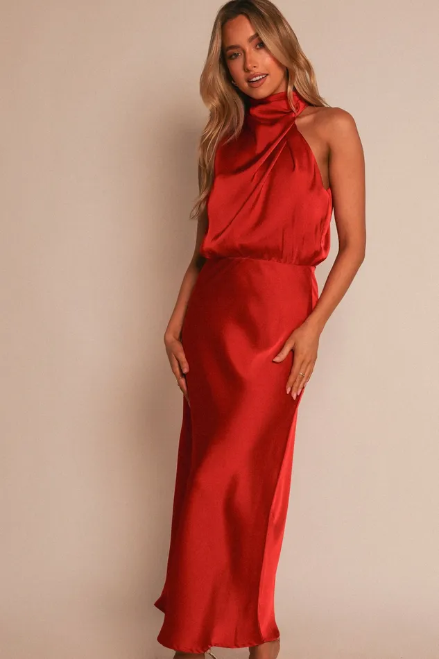 Anabelle Halter Neck Midi Dress Red Women Event Dresses Petal and Pup