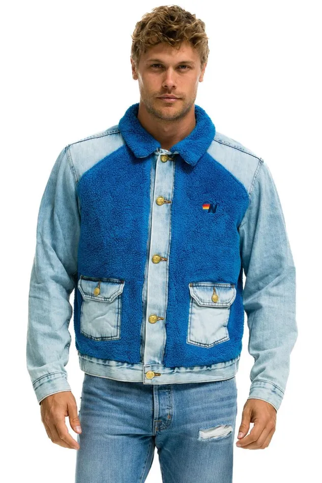 Aspen Sherpa Unisex Denim Jacket 8211 Super Light Blue WomenMen Aviator Nation Denim
