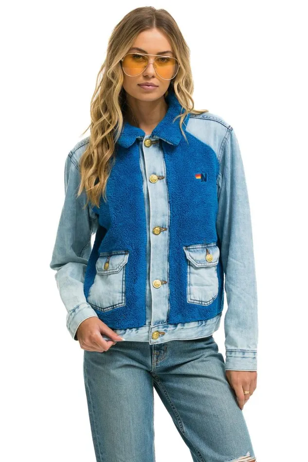 Aspen Sherpa Unisex Denim Jacket 8211 Super Light Blue WomenMen Aviator Nation Denim