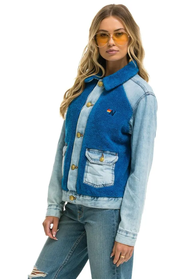 Aspen Sherpa Unisex Denim Jacket 8211 Super Light Blue WomenMen Aviator Nation Denim