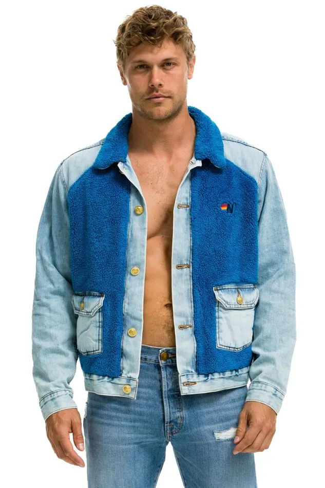 Aspen Sherpa Unisex Denim Jacket 8211 Super Light Blue WomenMen Aviator Nation Denim