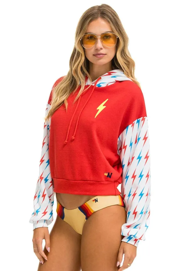 Aviator Bolt Color Block W Bolt Embroidery Relaxed Cropped Pullover Hoodie 8211 Red Usa Women Aviator Nation Hoodies