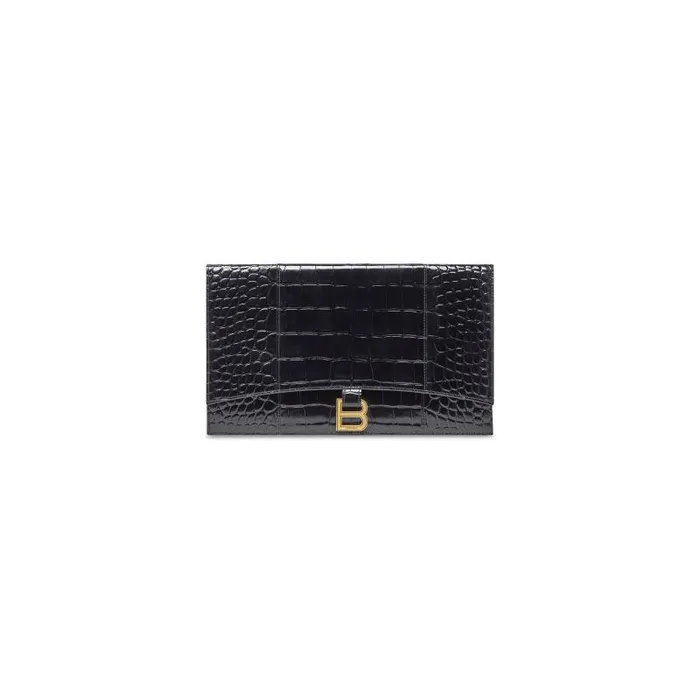 Balenciaga Clutches and Pouches Women Women039s Hourglass Flat Pouch With Flap Crocodile Embossed In Black Black Balenciaga Clutches and Pouches Women Women039s Hourglass Flat Pouch With Flap Crocodile Embossed In Black Black