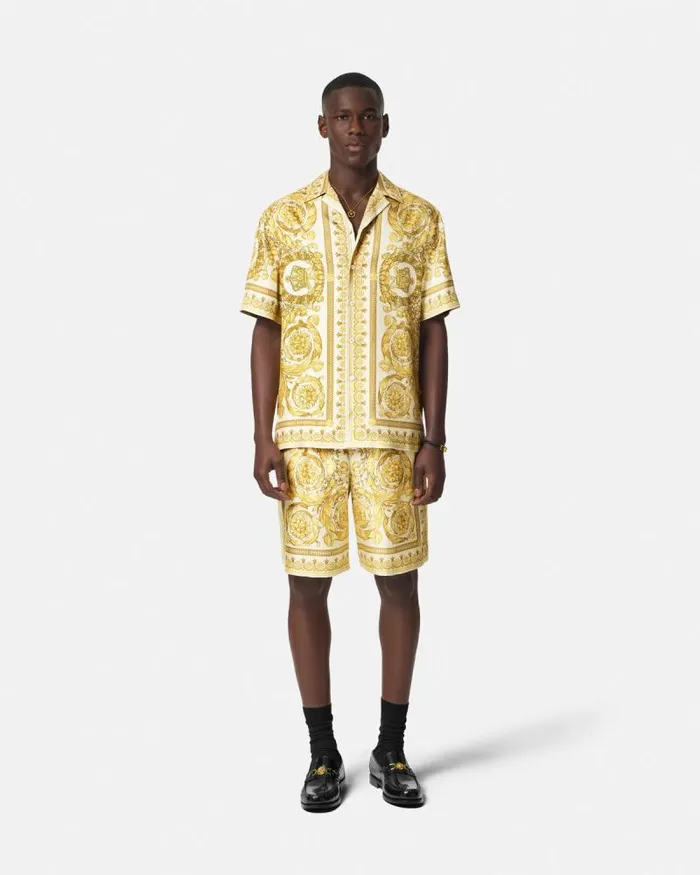 Barocco Silk Shorts Yellowprint Men Versace Pants and Shorts