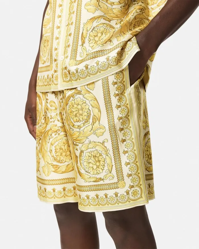 Barocco Silk Shorts Yellowprint Men Versace Pants and Shorts