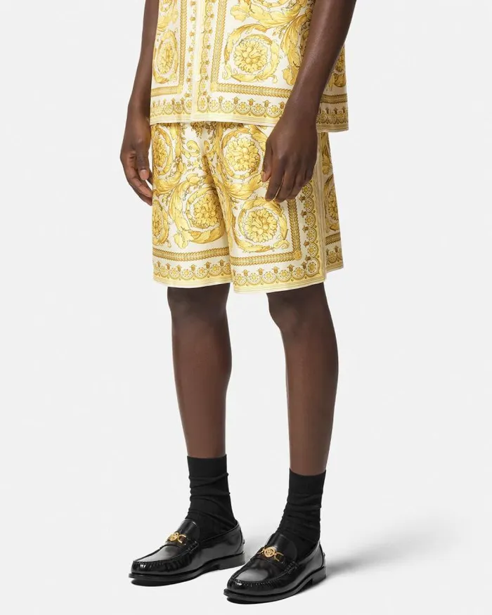 Barocco Silk Shorts Yellowprint Men Versace Pants and Shorts