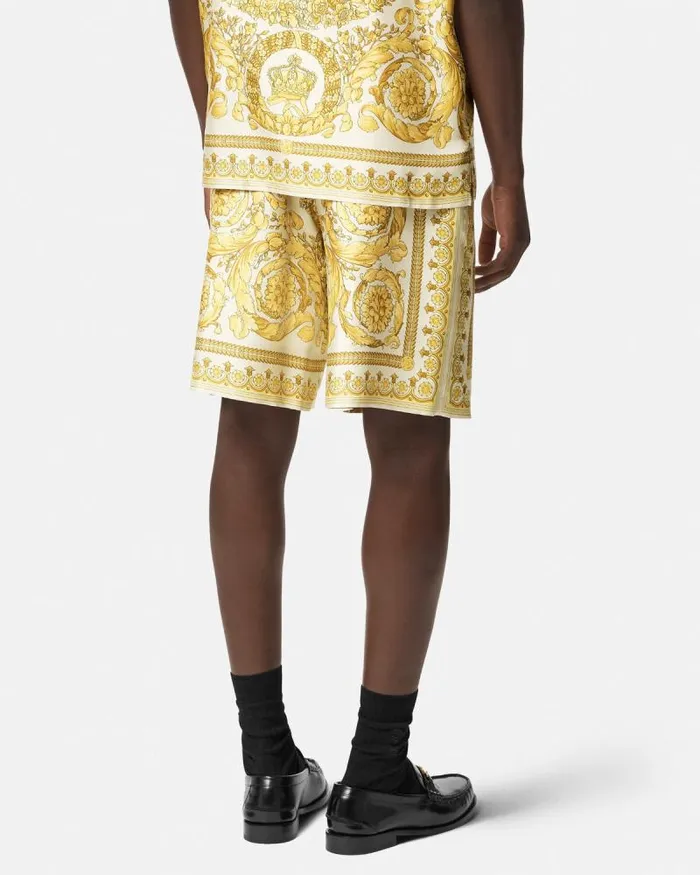 Barocco Silk Shorts Yellowprint Men Versace Pants and Shorts