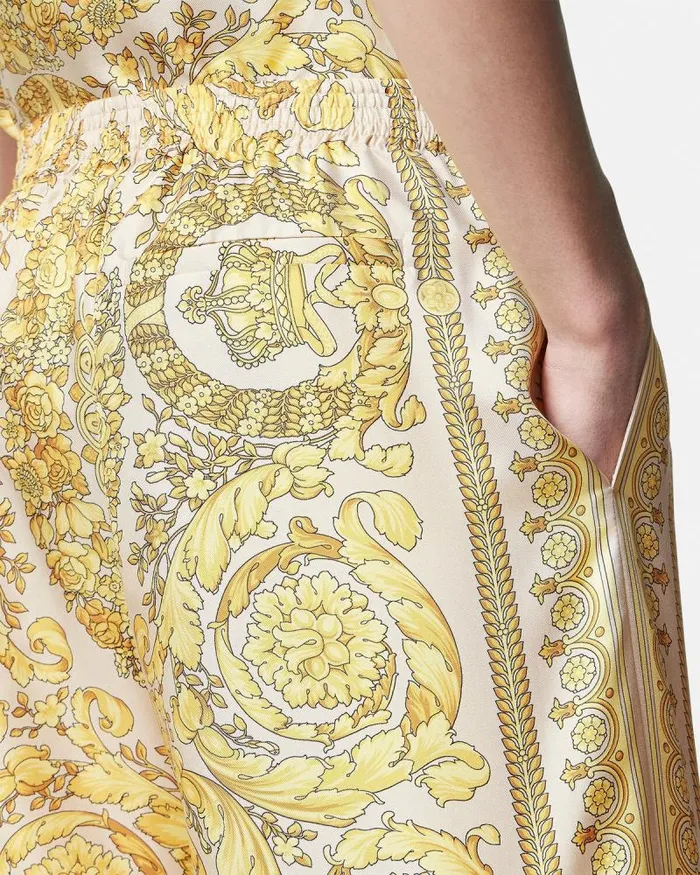Barocco Silk Shorts Yellowprint Men Versace Pants and Shorts