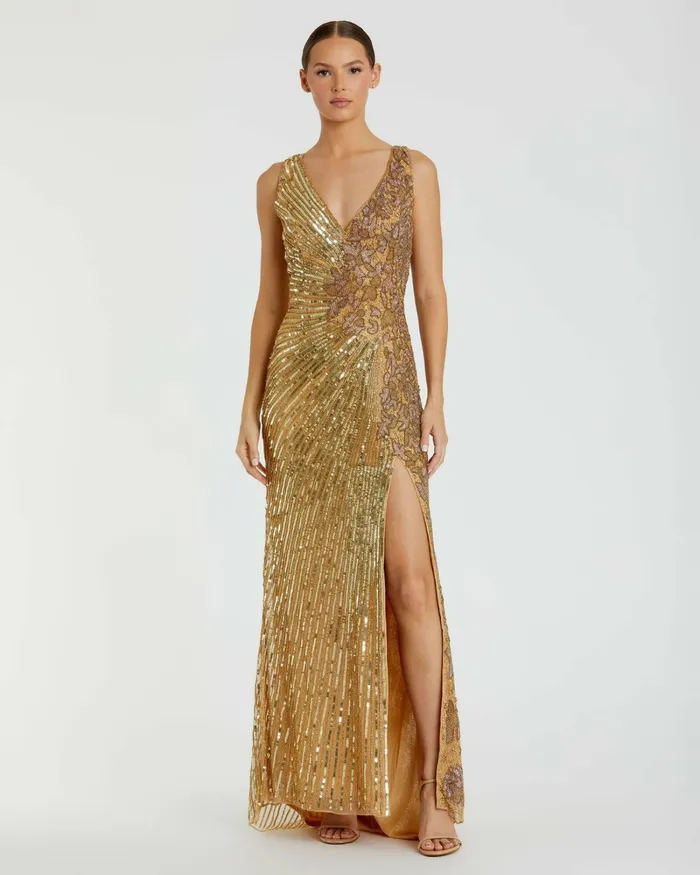 Best Sellers Gold Beaded Floral Sleeveless Gown Gold Mac Duggal Women