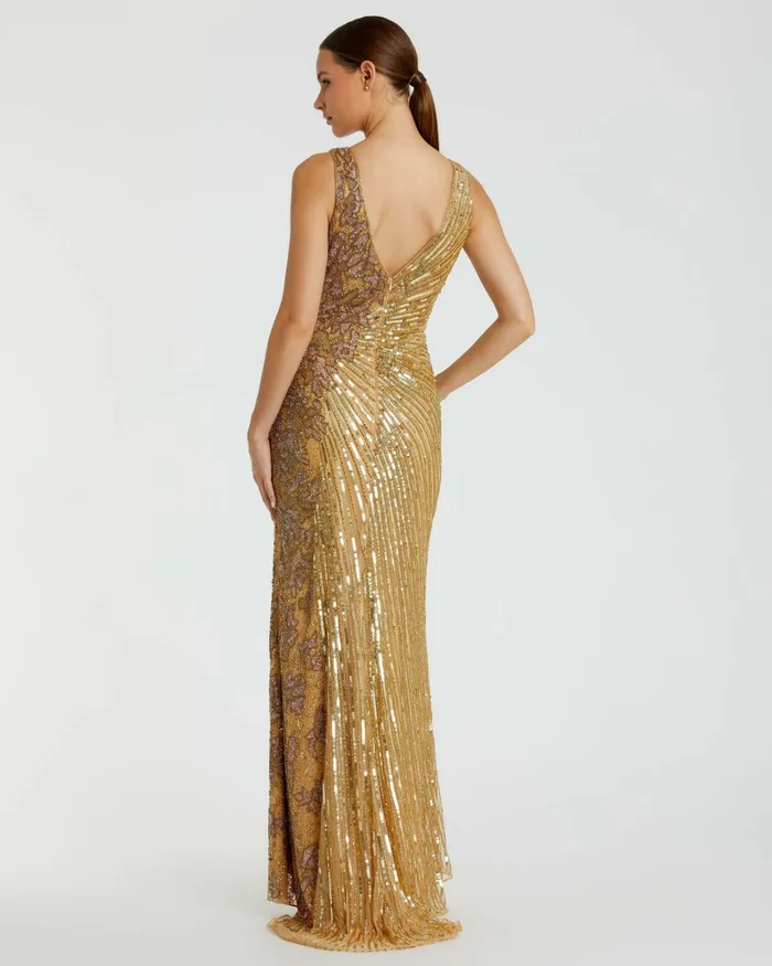 Best Sellers Gold Beaded Floral Sleeveless Gown Gold Mac Duggal Women