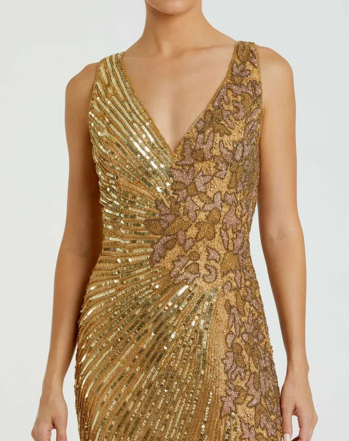 Best Sellers Gold Beaded Floral Sleeveless Gown Gold Mac Duggal Women