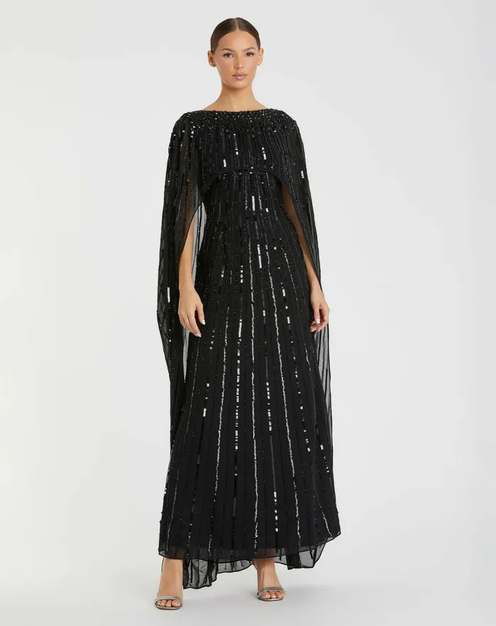 Best Sellers Mac Duggal Women Embellished Column Cape Dress Black