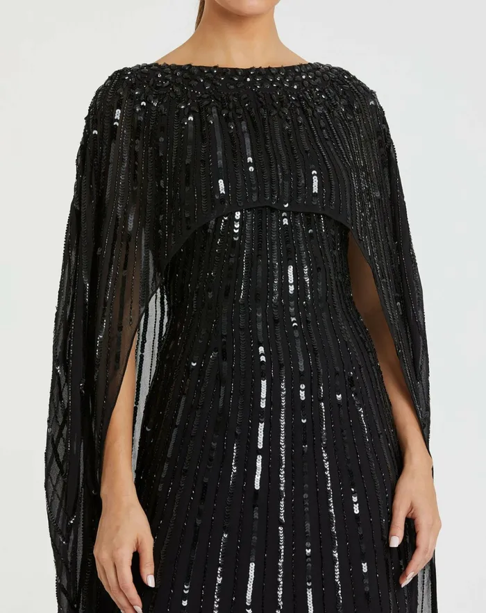 Best Sellers Mac Duggal Women Embellished Column Cape Dress Black