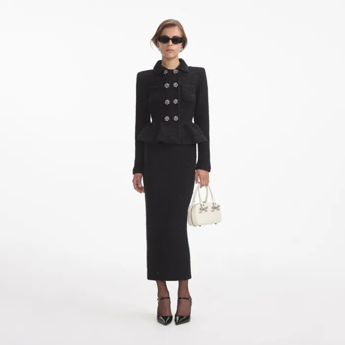 Black Textured Knit Peplum Midi Dress Women Self Portrait Dresses