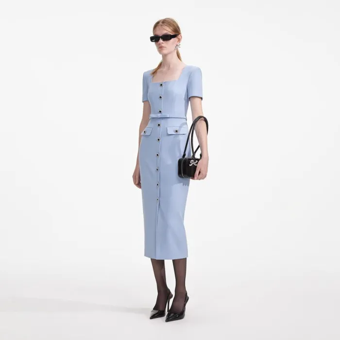 Blue Crepe Button Midi Dress Women Self Portrait Dresses Blue Crepe Button Midi Dress Women Self Portrait Dresses