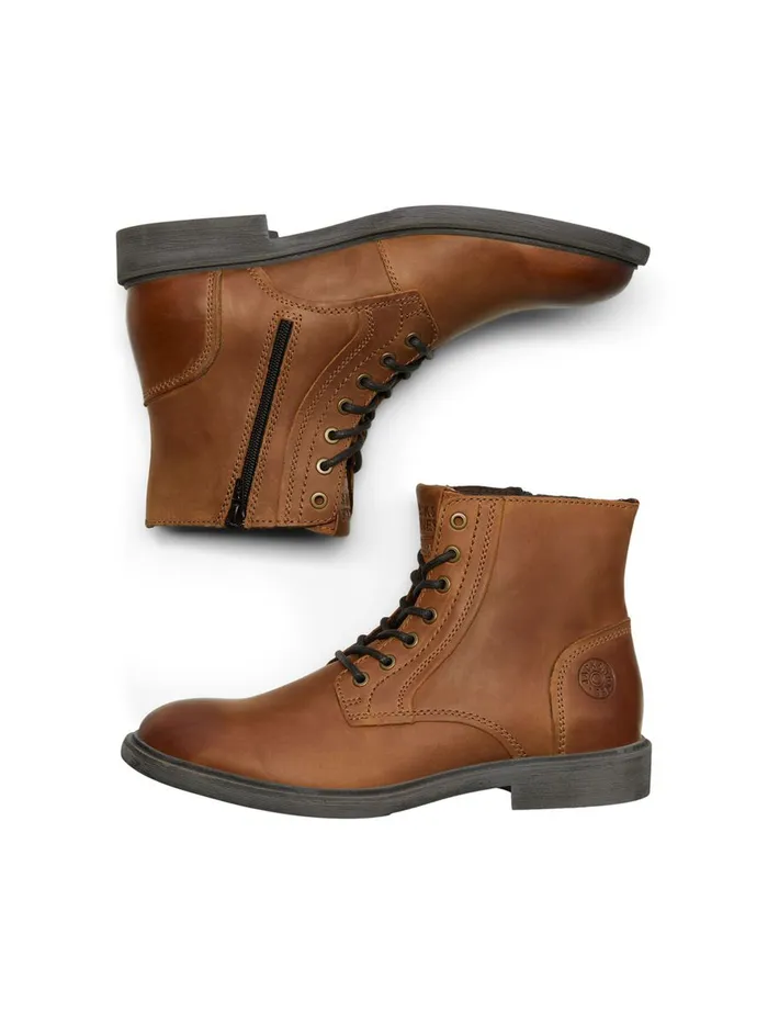 Boots JACK and JONES Mens LACEUP LEATHER BOOTS Brown Cognac Casaul