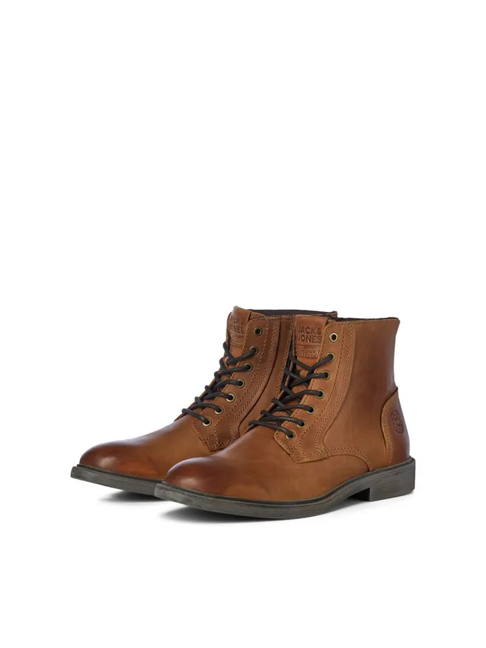 Boots JACK and JONES Mens LACEUP LEATHER BOOTS Brown Cognac Casaul