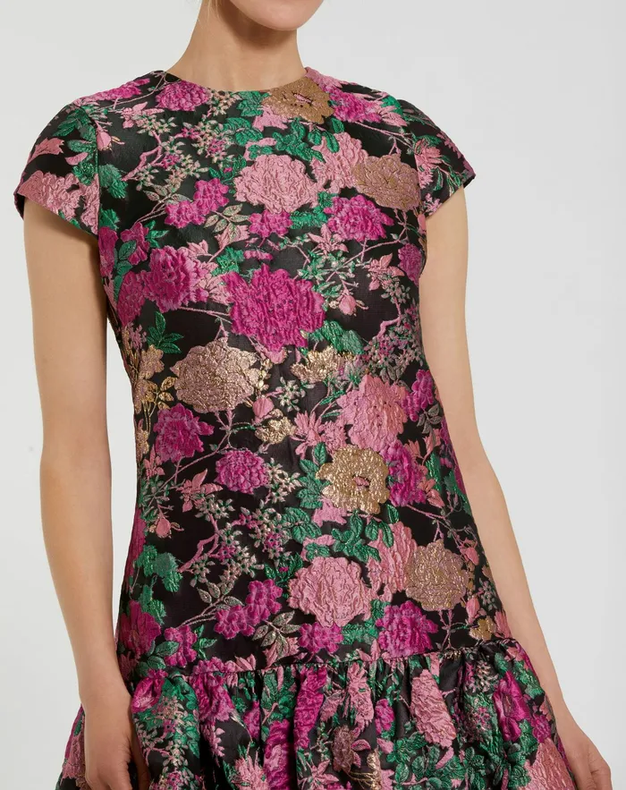 Brocade Cap Sleeve Mini Dress With Ruffle Hem Black Multi Daytime Dresses Mac Duggal Women