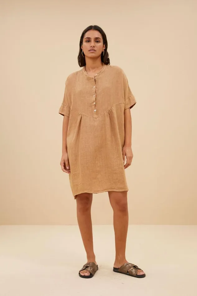 ByBar Jurken Vrouwelijk Tais Linen Dress Caramello