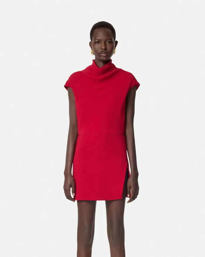 Cady DrapedNeck Slit Mini Dress Red Women Versace Dresses