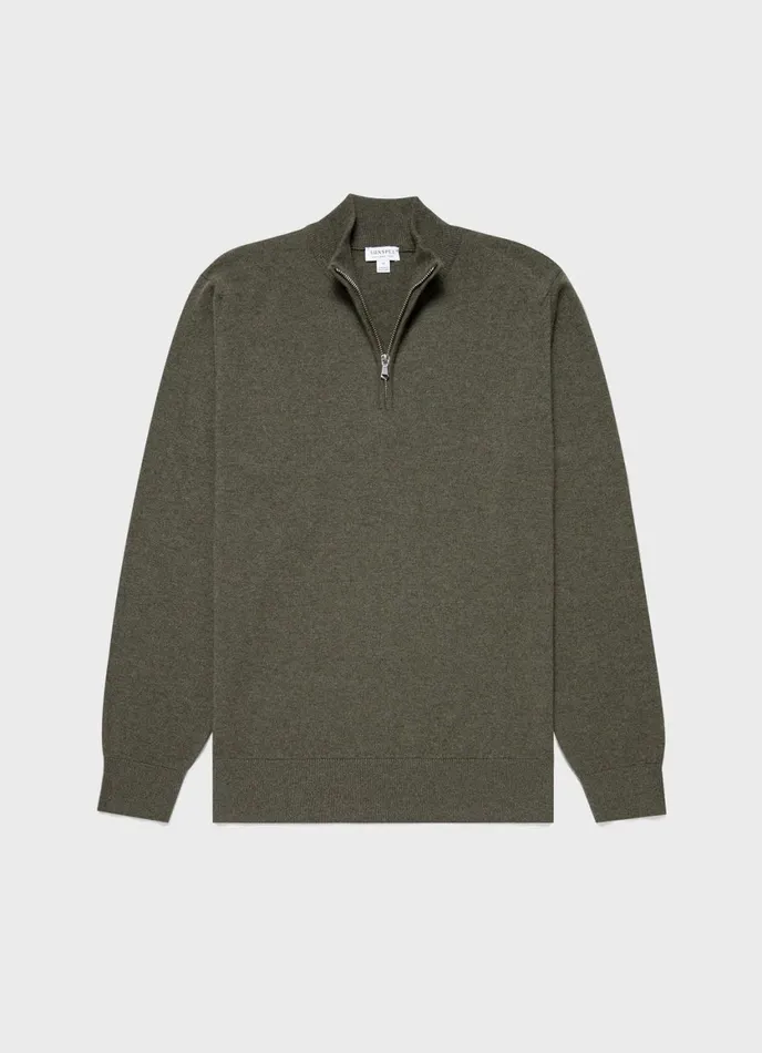 Cashmere Zip Neck Jumper Dark Moss Men SUNSPEL Knitwear