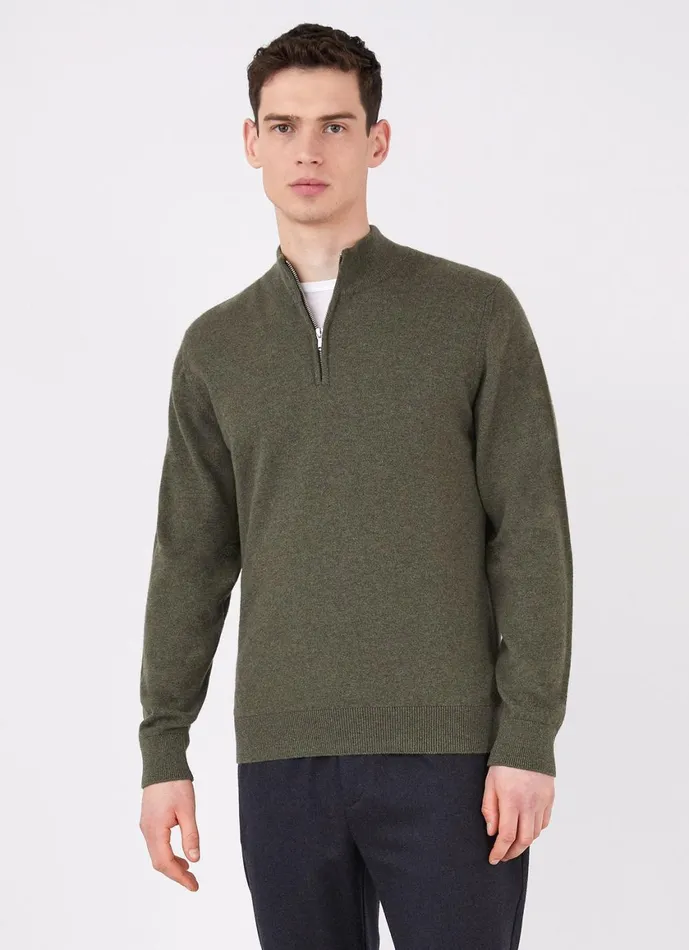 Cashmere Zip Neck Jumper Dark Moss Men SUNSPEL Knitwear