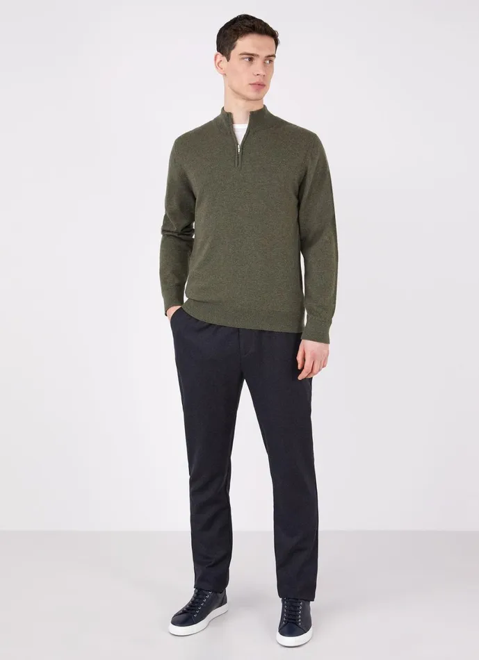 Cashmere Zip Neck Jumper Dark Moss Men SUNSPEL Knitwear