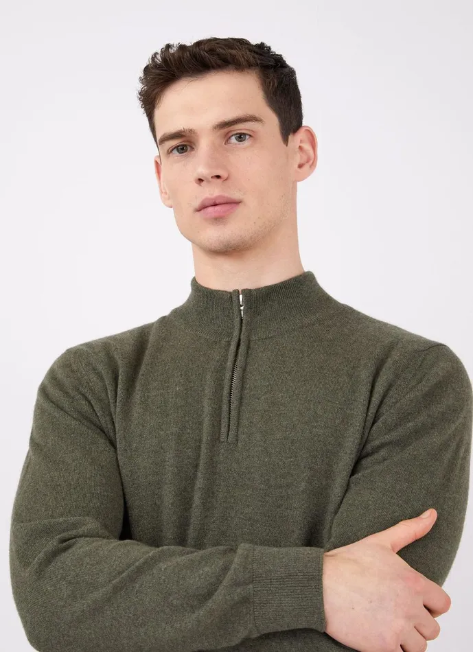 Cashmere Zip Neck Jumper Dark Moss Men SUNSPEL Knitwear
