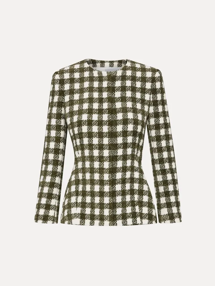 Chenille Check Tweed Jacket Ivory Olive Women Oscar De La Renta Jackets and Coats Chenille Check Tweed Jacket Ivory Olive Women Oscar De La Renta Jackets and Coats