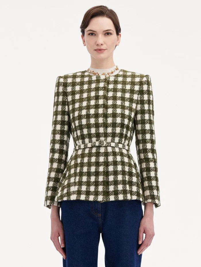 Chenille Check Tweed Jacket Ivory Olive Women Oscar De La Renta Jackets and Coats Chenille Check Tweed Jacket Ivory Olive Women Oscar De La Renta Jackets and Coats