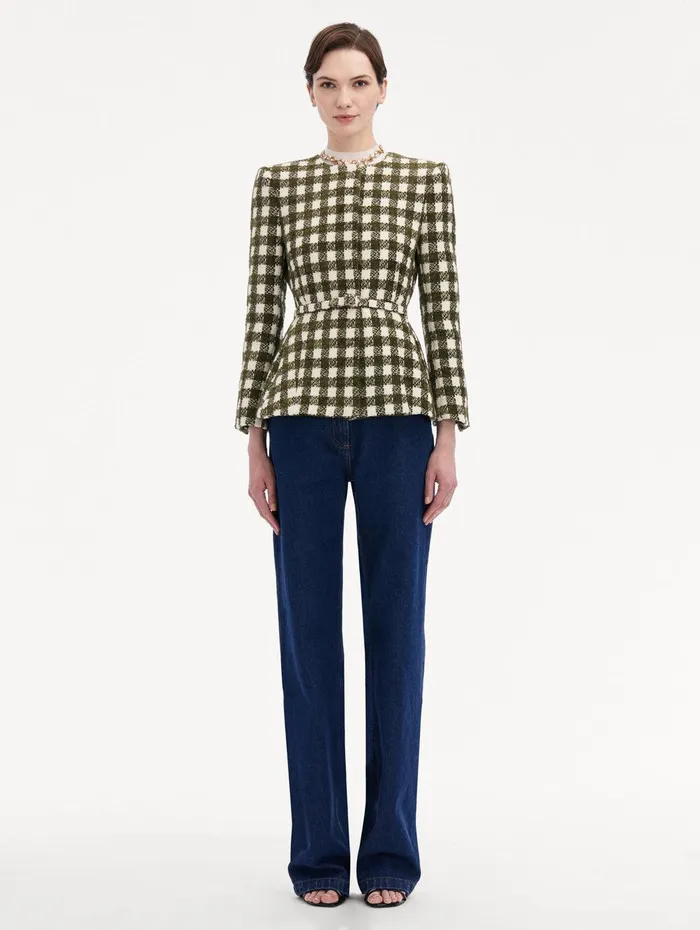 Chenille Check Tweed Jacket Ivory Olive Women Oscar De La Renta Jackets and Coats Chenille Check Tweed Jacket Ivory Olive Women Oscar De La Renta Jackets and Coats
