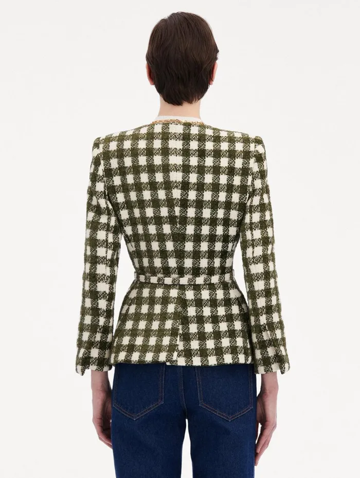 Chenille Check Tweed Jacket Ivory Olive Women Oscar De La Renta Jackets and Coats Chenille Check Tweed Jacket Ivory Olive Women Oscar De La Renta Jackets and Coats