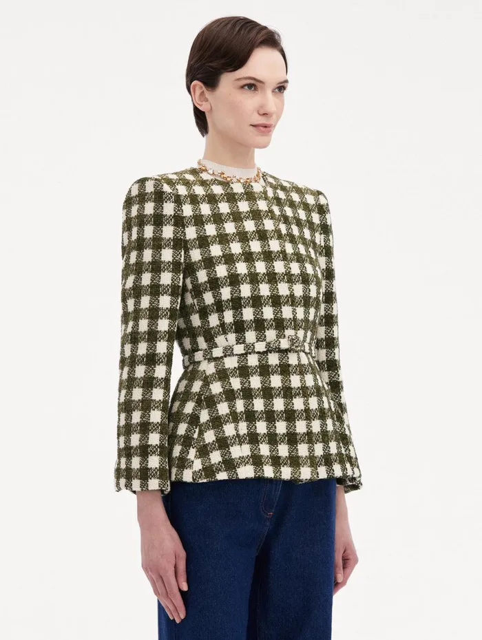 Chenille Check Tweed Jacket Ivory Olive Women Oscar De La Renta Jackets and Coats Chenille Check Tweed Jacket Ivory Olive Women Oscar De La Renta Jackets and Coats