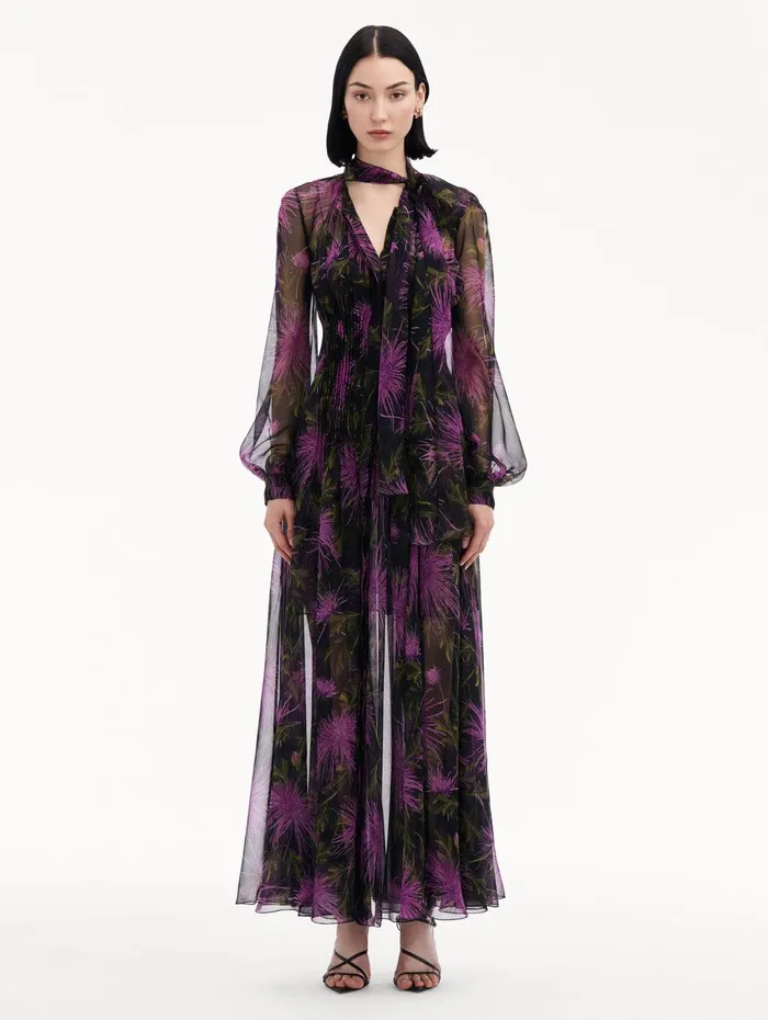 Chrysanthemum Chiffon Maxi Dress Purple Navy Women Oscar De La Renta Dresses Chrysanthemum Chiffon Maxi Dress Purple Navy Women Oscar De La Renta Dresses
