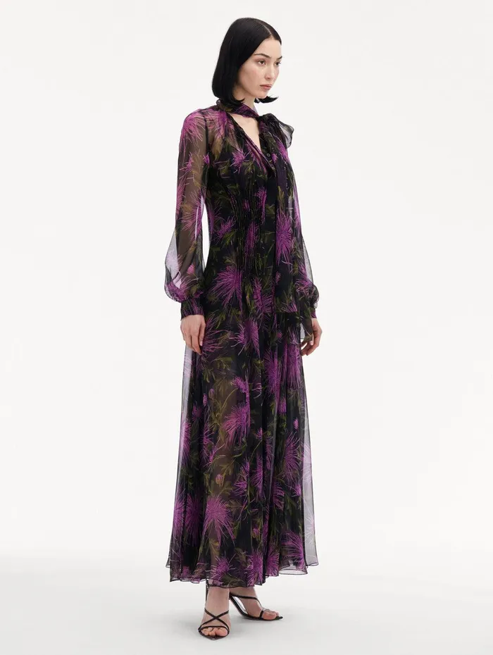 Chrysanthemum Chiffon Maxi Dress Purple Navy Women Oscar De La Renta Dresses Chrysanthemum Chiffon Maxi Dress Purple Navy Women Oscar De La Renta Dresses