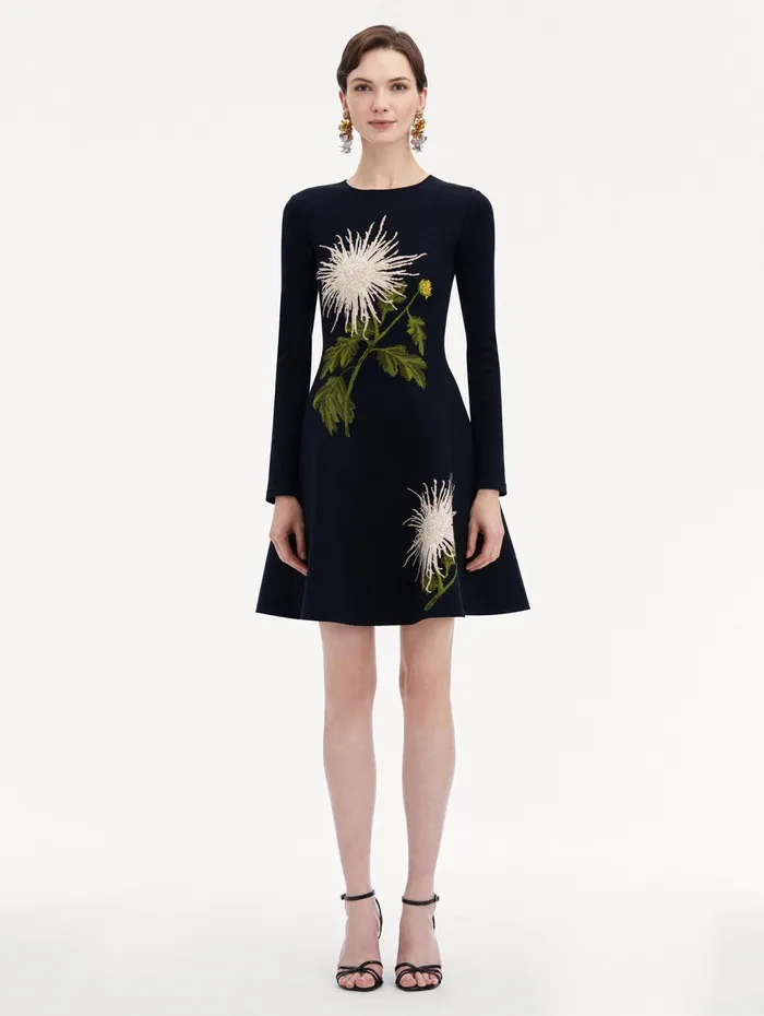 Chrysanthemum Jacquard Long Sleeve Dress White Navy Women Oscar De La Renta Dresses Chrysanthemum Jacquard Long Sleeve Dress White Navy Women Oscar De La Renta Dresses
