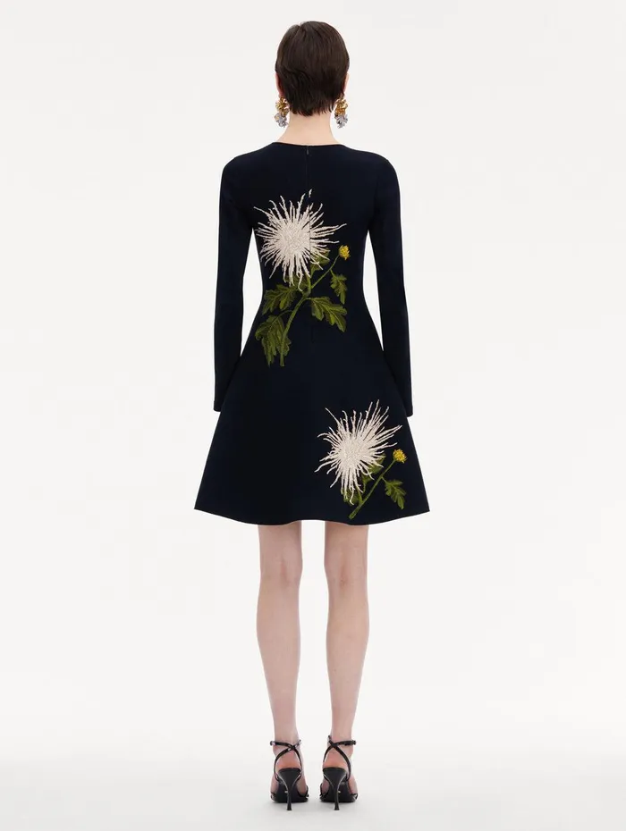 Chrysanthemum Jacquard Long Sleeve Dress White Navy Women Oscar De La Renta Dresses Chrysanthemum Jacquard Long Sleeve Dress White Navy Women Oscar De La Renta Dresses