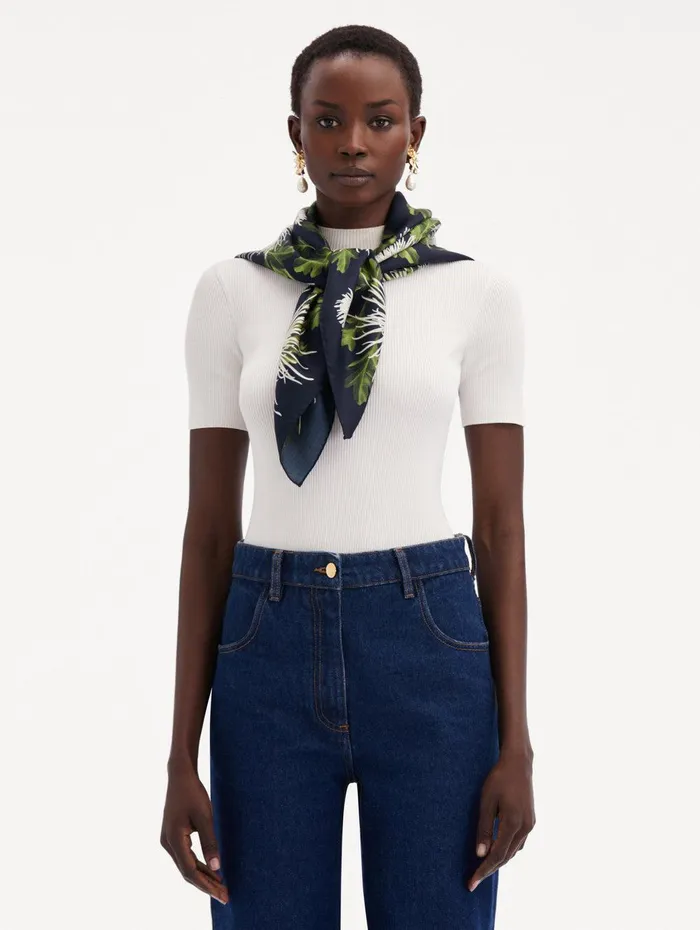 Chrysanthemum Silk Twill Scarf Navy Silver Women Oscar De La Renta Scarves Chrysanthemum Silk Twill Scarf Navy Silver Women Oscar De La Renta Scarves
