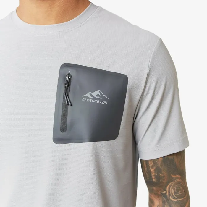 Closure London Heat Seal Zip Block Pocket TShirt Grey Men TShirts