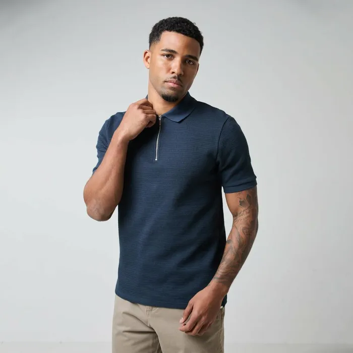 Closure London Tonal Knit Zipped Polo Navy Men Knitwear
