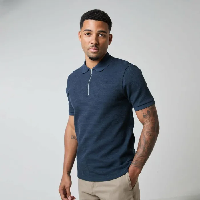 Closure London Tonal Knit Zipped Polo Navy Men Knitwear